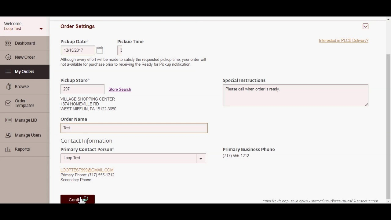 The original LOOP interface — a dense, form-heavy desktop ordering system with no mobile support